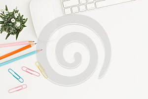 Flat lay photo of office desk with mouse and keyboard White copy