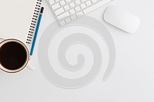 Flat lay photo of office desk with mouse and pencil on white background,Top view of coffee and office equipment