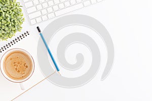 Flat lay photo of office desk with mouse and pencil on white background,Top view of coffee and office equipment