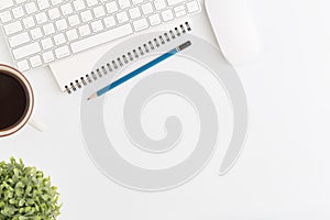 Flat lay photo of office desk with mouse and pencil on white background,Top view of pencil and office equipment