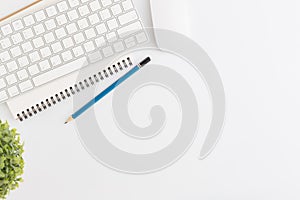 Flat lay photo of office desk with mouse and pencil on white background,Top view of pencil and office equipment