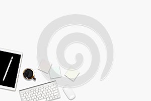 Flat lay photo of office table with digital tablet computer, mobile phone and accessories. on isolated white background. Desktop o