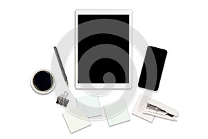 Flat lay photo of office table with digital tablet computer, mobile phone and accessories. on isolated white background. Desktop o
