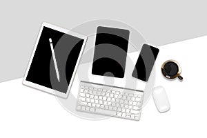 Flat lay photo of office table with laptop computer, digital tablet, mobile phone and accessories. on modern background. Desktop o