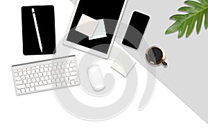 Flat lay photo of office table with laptop computer, digital tablet, mobile phone and accessories. on modern background. Desktop o