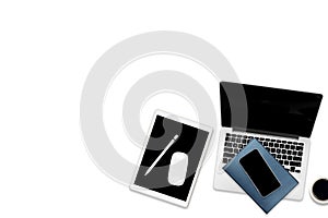Flat lay photo of office table with laptop computer, digital tablet, mobile phone and accessories. on modern tone background.