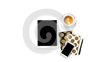 Flat lay photo of office white desk with tablet,cup of coffee and gold notebook copy space background