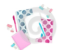 Flat lay photo of office white desk with tablet and stylish pink blue notebook copy space background