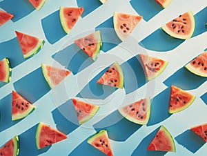 Flat lay photo of pink watermelon triangle slices pattern against pastel blue background.