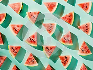 Flat lay photo of ripe watermelon triangle slices pattern against minty background.