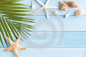 Flat lay photo saeshell and starfish on blue wood table, top view and copy space for montage your product, summer concept