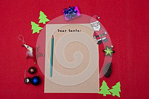 Flat lay photograph with a letter for Santa Claus and christmas decoration