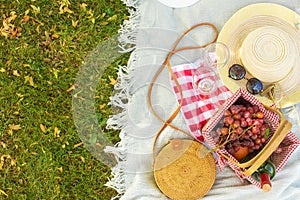 Flat lay Picnic on a green lawn, with a plaid picnic basket and a bottle of wine and glasses, a handbag and a hat with space.