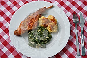Flat lay picture of roasted rabbit leg, marinated in garlic and rosemary served with spinach and potato dumplings