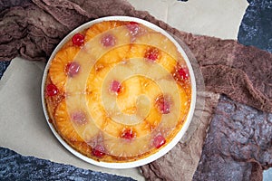 Flat lay of pineapple upside down cake