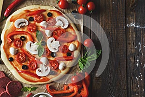 Flat lay pizza dough with tomatoes, champignons, bell peppers, olives and spinach with copy space on textured wooden table