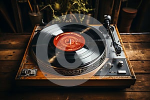 Flat lay of player and vinyl records on textured wood surface