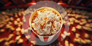Flat lay of Pop Corn in Red and White Striped Cardboard Bucket. Top view of Popcorn on Red background. Generative AI