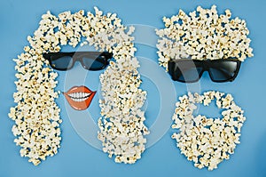 flat lay popcorn 3d glasses cinema concept. High quality photo