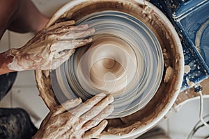 Flat Lay of Potter Master at Work in Clay Studio, Handmade Process of Creating Pot on a Pottery Wheel