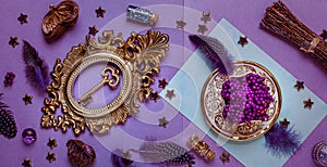 Flat lay with purple decoration