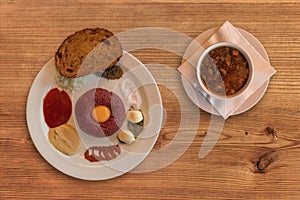 Flat lay of raw beef . Tasty Steak tartare.