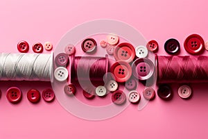Flat lay with red buttons, thread spools on pink background