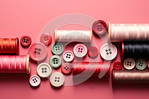 Flat lay with red buttons, thread spools on pink background