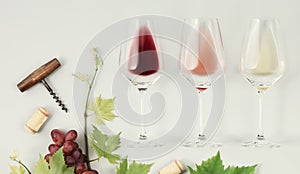 Flat-lay of red, rose and white wine in glasses on white background