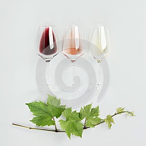 Flat-lay of red, rose and white wine in glasses on white background