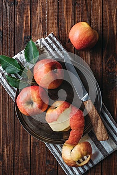 flat lay with ripe apples and knife on metal tray