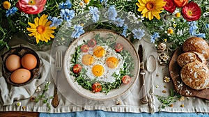 Flat lay with a rustic Easter breakfast setting with fried eggs on a green salad, homemade bread and colorful flowers