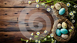 Flat lay rustic wooden background with Easter Day theme