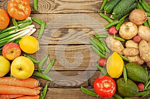 Flat lay of seasonal fruits, vegetables and herbs. Summer food concept. Healthy life and vegetarian, vegan, diet, clean food