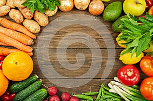Flat lay of seasonal fruits,vegetables and herbs.Summer food concept. Healthy life and vegetarian,vegan,diet, clean food