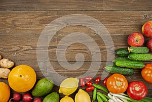 Flat lay of seasonal fruits, vegetables and herbs. Summer food concept. Healthy life and vegetarian, vegan, diet, clean food