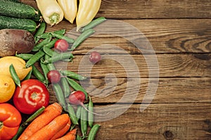 Flat lay of seasonal fruits, vegetables and herbs. Summer food concept. Healthy life and vegetarian, vegan, diet, clean food