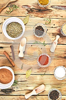 Flat lay of Seasoning background. Spice and herb seasoning with fresh and dried