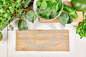 Flat lay of series of assorted green vegetables, fresh organic raw produce