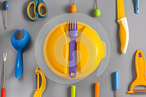 Flat lay set of colour plastic ware