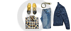 Flat lay set Men`s casual clothing, jacket blue jeans checkered shirt yellow nubuck shoes strap isolated items on white backgroun