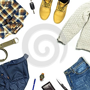 Flat lay set Men`s casual clothing, jacket jeans checkered shirt knitted sweater yellow nubuck shoes strap wrist watch wallet car