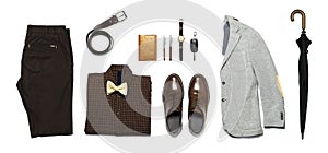 Flat lay set Men`s classic clothing, jacket pants shirt bow tie leather belt shoes wrist watch wallet pens umbrella cane car keys