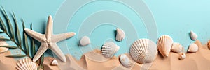 Flat lay shells and starfish on sand on blue background. Beach holiday vacation concept with copy space. Created with generative