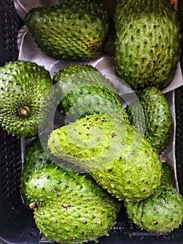 Flat lay shot of green Soursop for sell in the supermarket