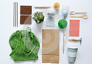 Flat Lay Shot Of Plastic Free Eco Products With Reusable Or Sustainable Zero Waste Products On White Background