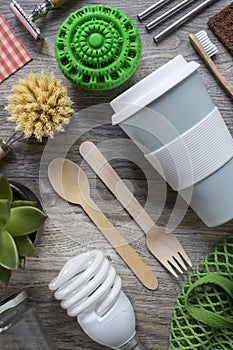 Flat Lay Shot Of Plastic Free Eco Products With Reusable Or Sustainable Zero Waste Products On Wooden Background With Metal Staws