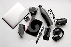 Flat Lay Shot Of Techno Items For Traveller With Smartwatch Mobile Phone And Wireless Headphones