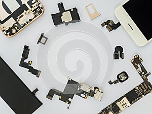 Flat Lay of smart phone components isolate