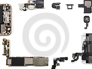 Flat Lay of smart phone components isolate